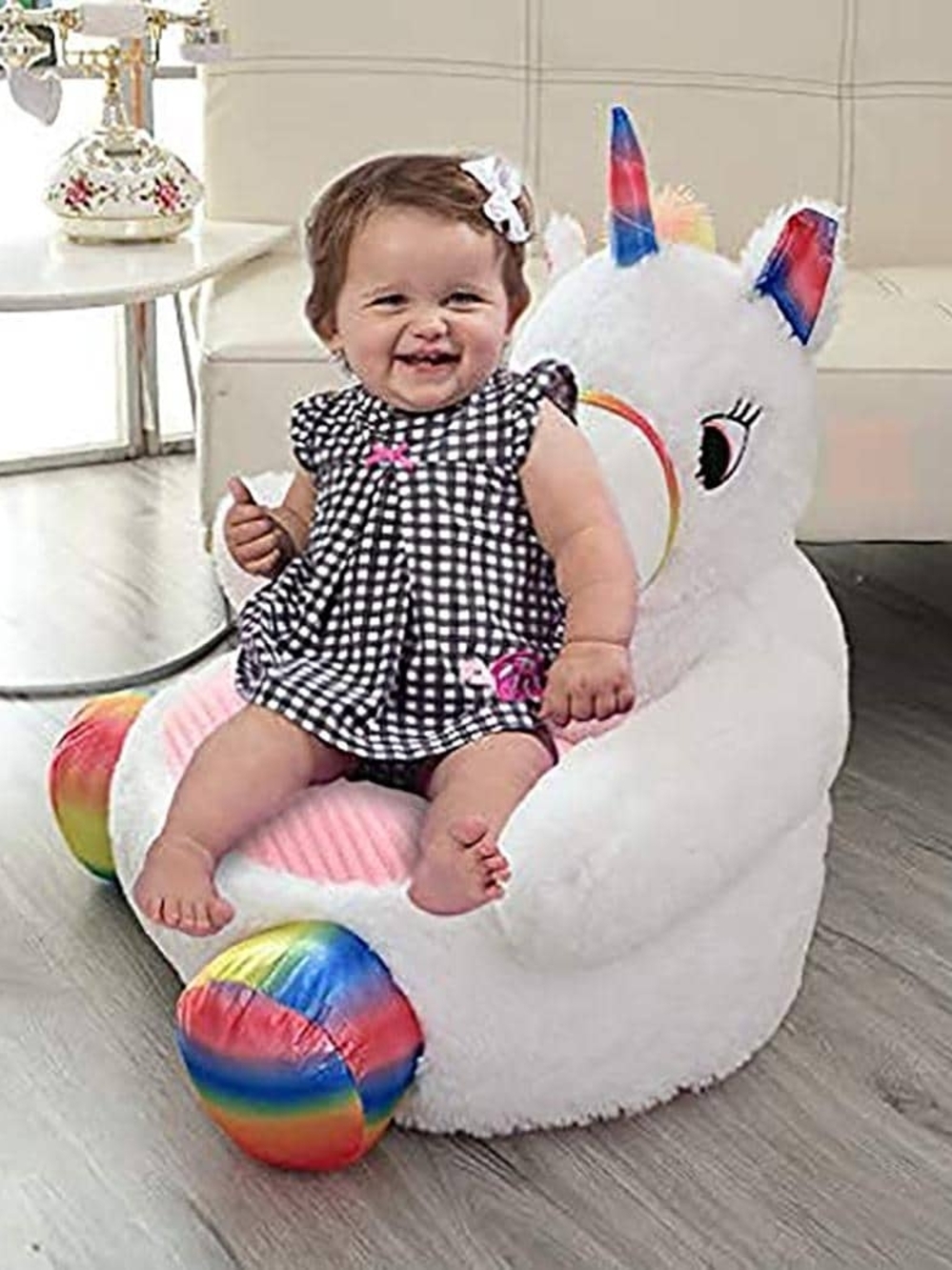 Plush White Unicorn Kids Chair with Rainbow Accents